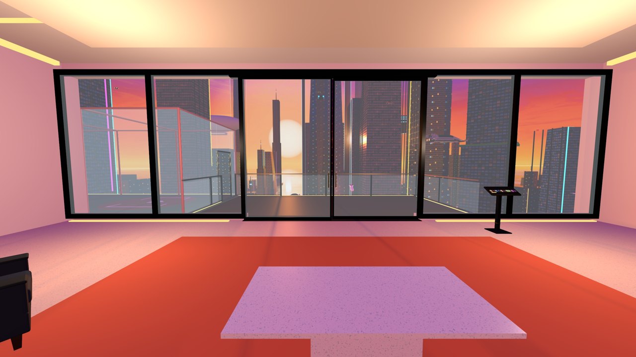 The lounge and the wall of glass at sunset
